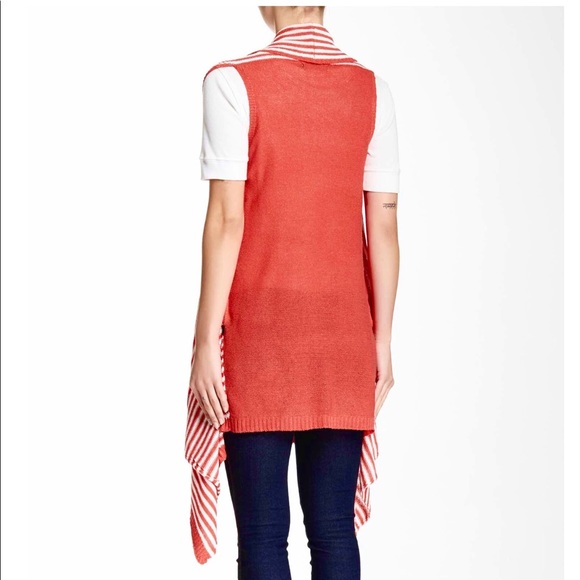 VertiGo striped sleeveless red white striped duster draped tunic cardigan - Picture 2 of 10